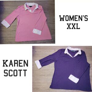 Karen Scott 2 for 1 V-Neck Tops w/ Cuff & Collar  Lot XXL Layered Academia